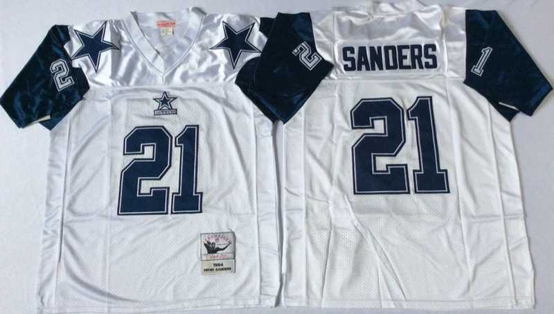 Cowboys 21 Deion Sanders White M&N Throwback Jersey->nfl m&n throwback->NFL Jersey
